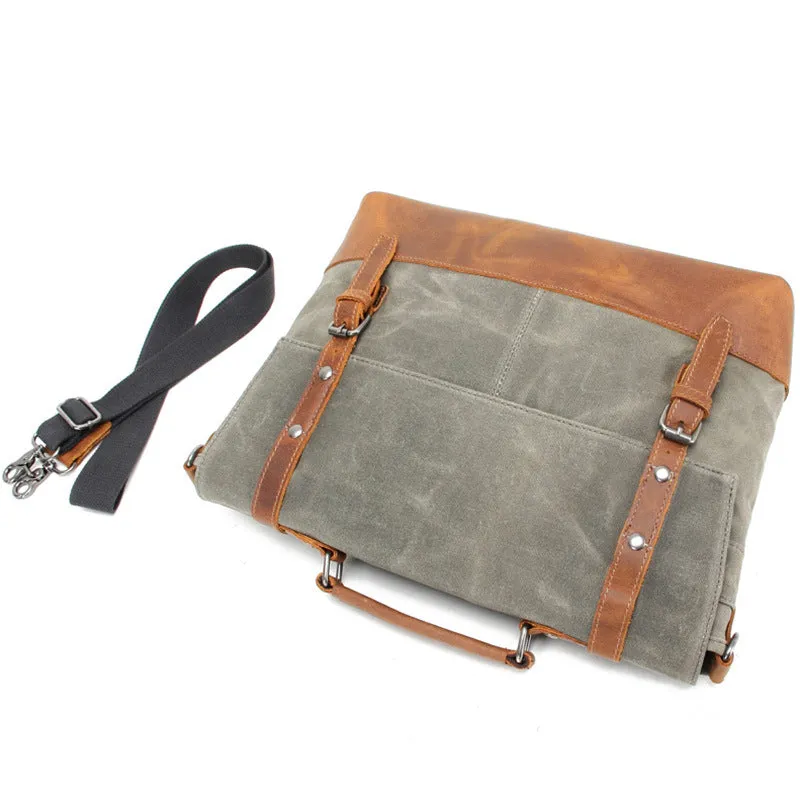 Canvas Leather Briefcase Vintage Crazy Horse Messenger Bag Crossbody Shoulder Bag Laptop Handbag 2008-1