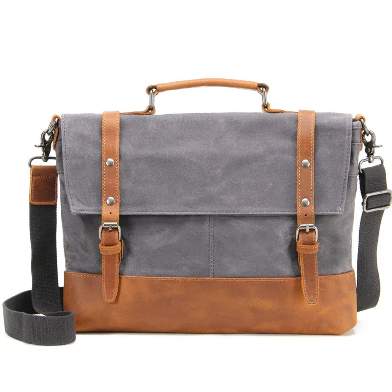 Canvas Leather Briefcase Vintage Crazy Horse Messenger Bag Crossbody Shoulder Bag Laptop Handbag 2008-1