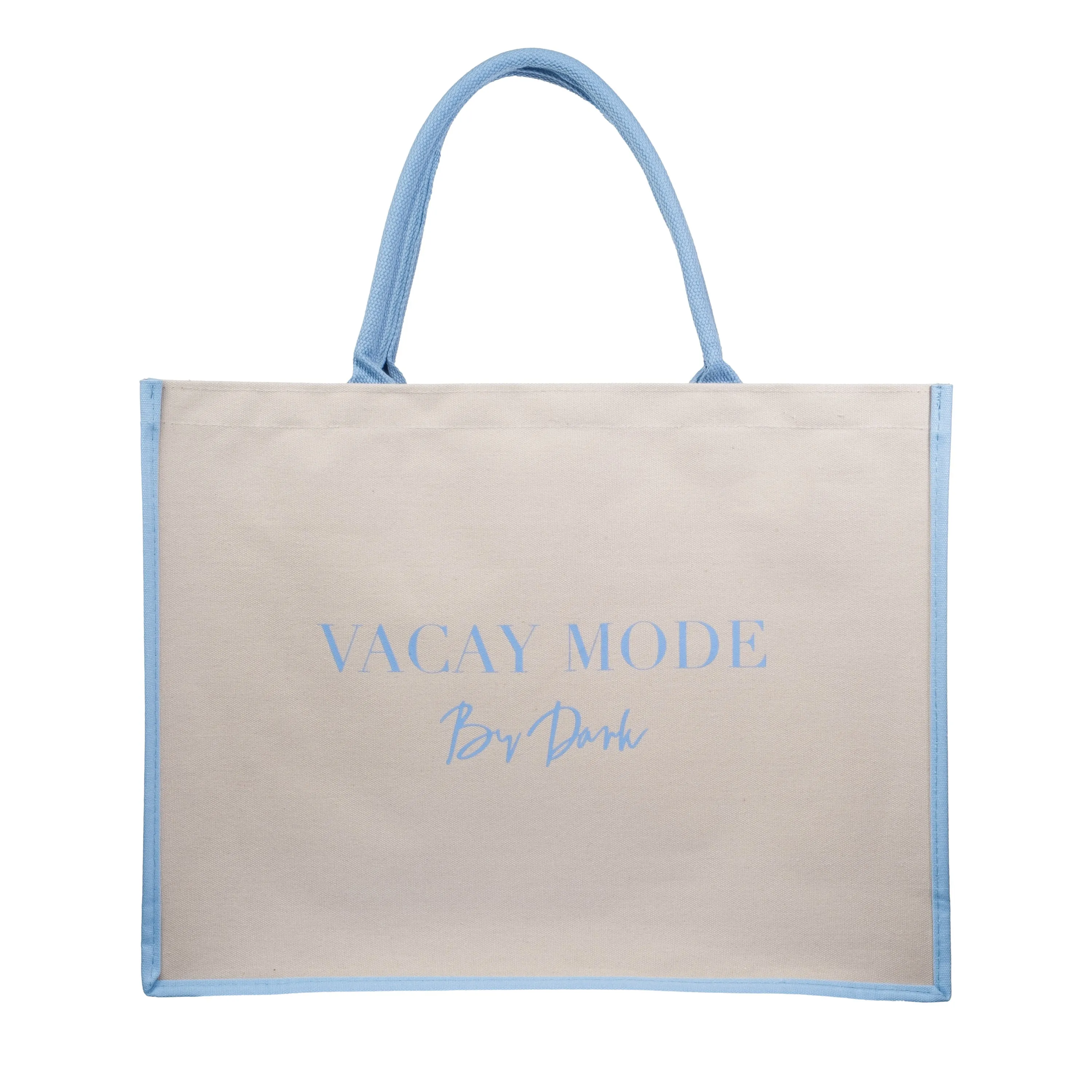 CANVAS TOTE LARGE "VACAY MODE" SAND W/IBIZA BLUE