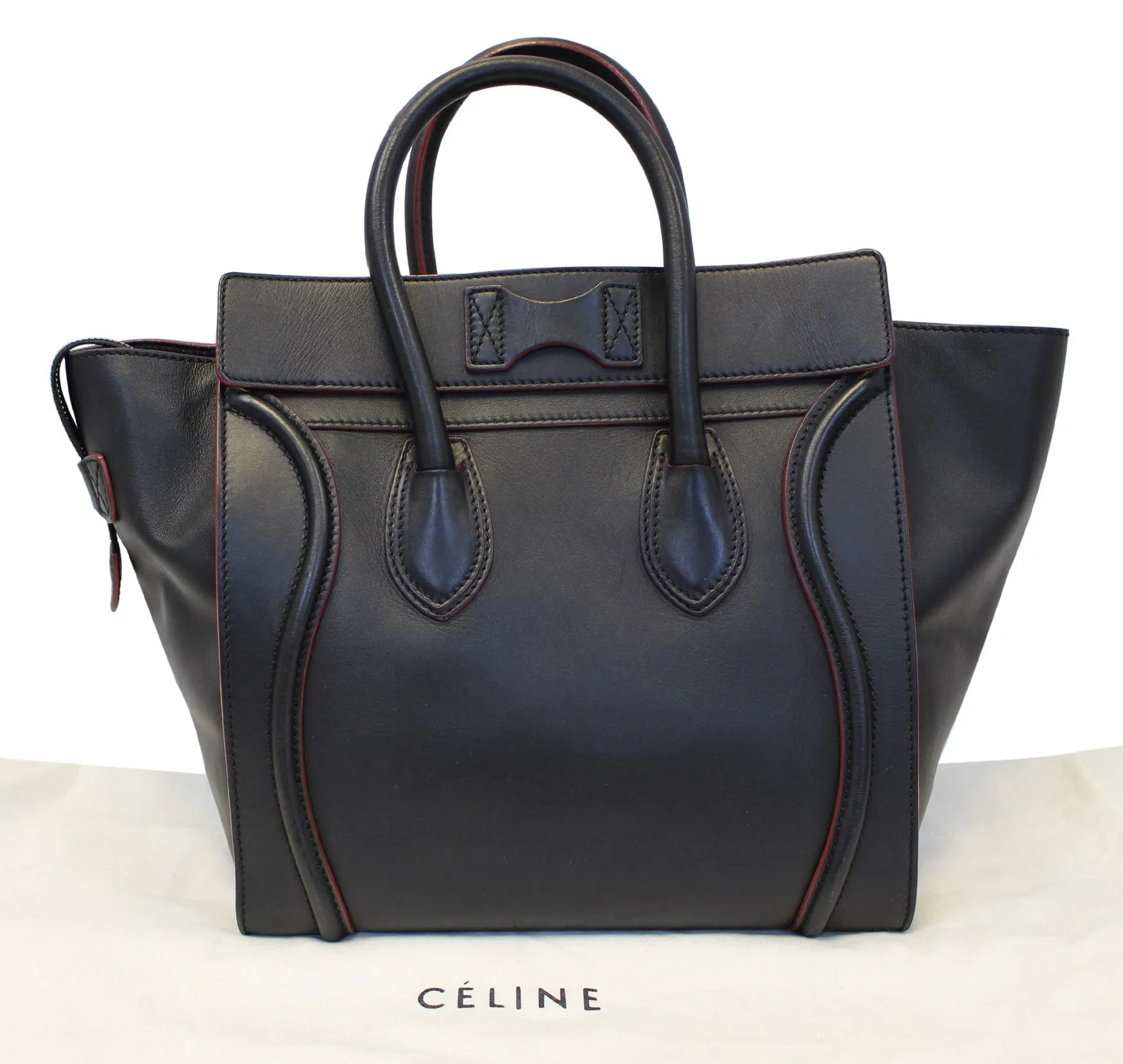 CELINE Black Red Smooth Leather Mini Luggage Tote Bag