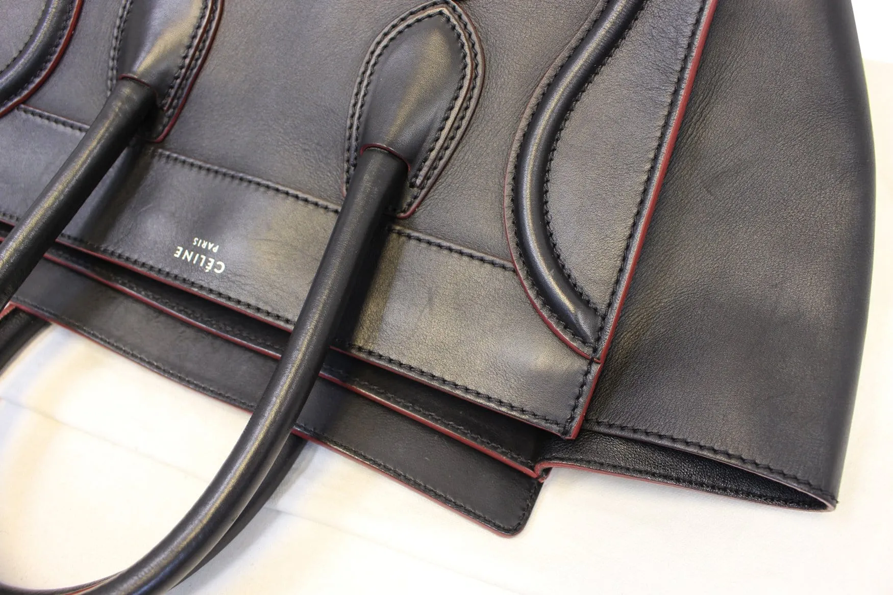 CELINE Black Red Smooth Leather Mini Luggage Tote Bag