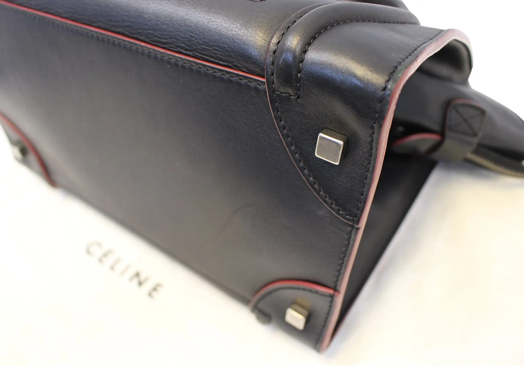 CELINE Black Red Smooth Leather Mini Luggage Tote Bag