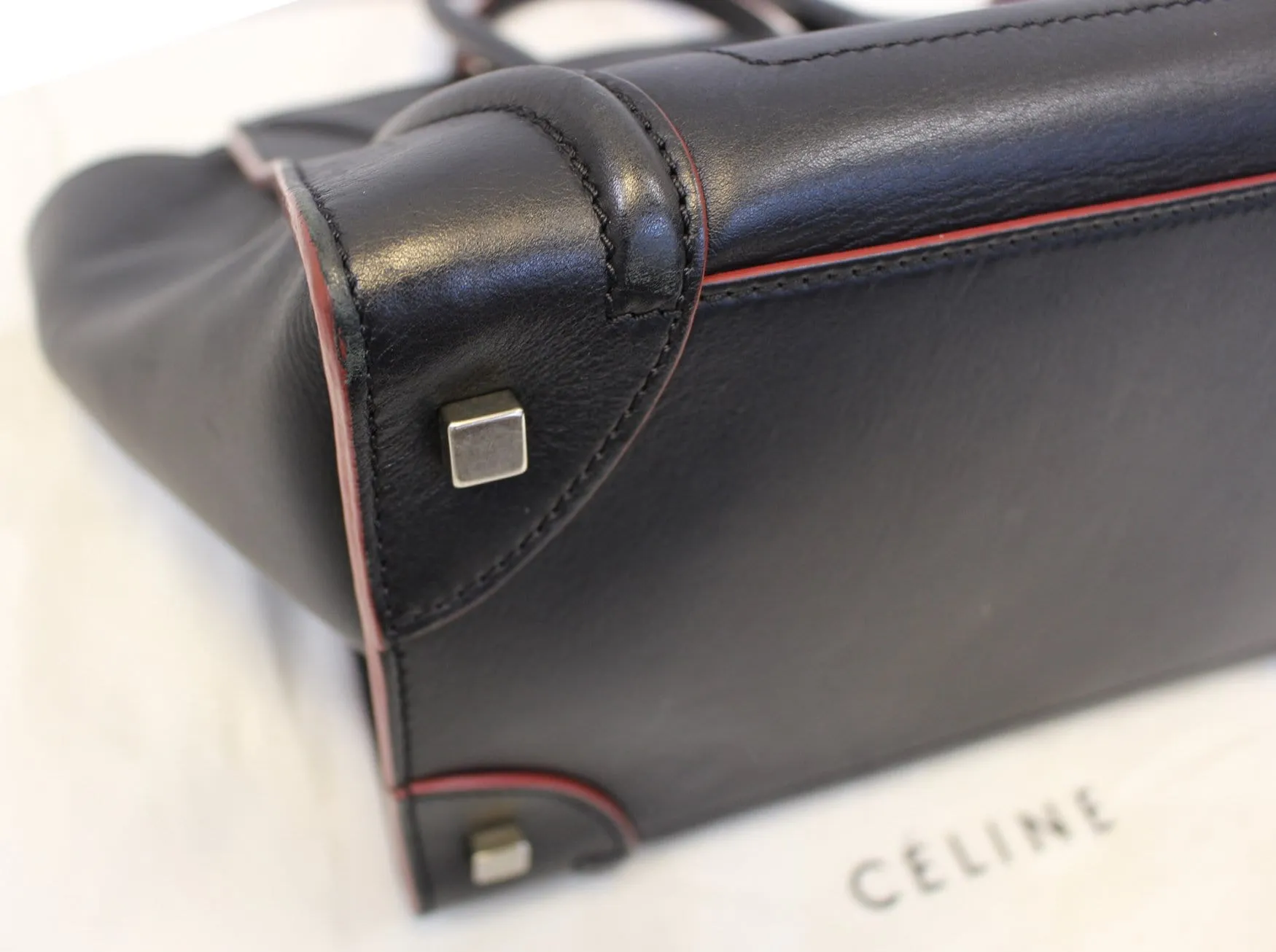 CELINE Black Red Smooth Leather Mini Luggage Tote Bag