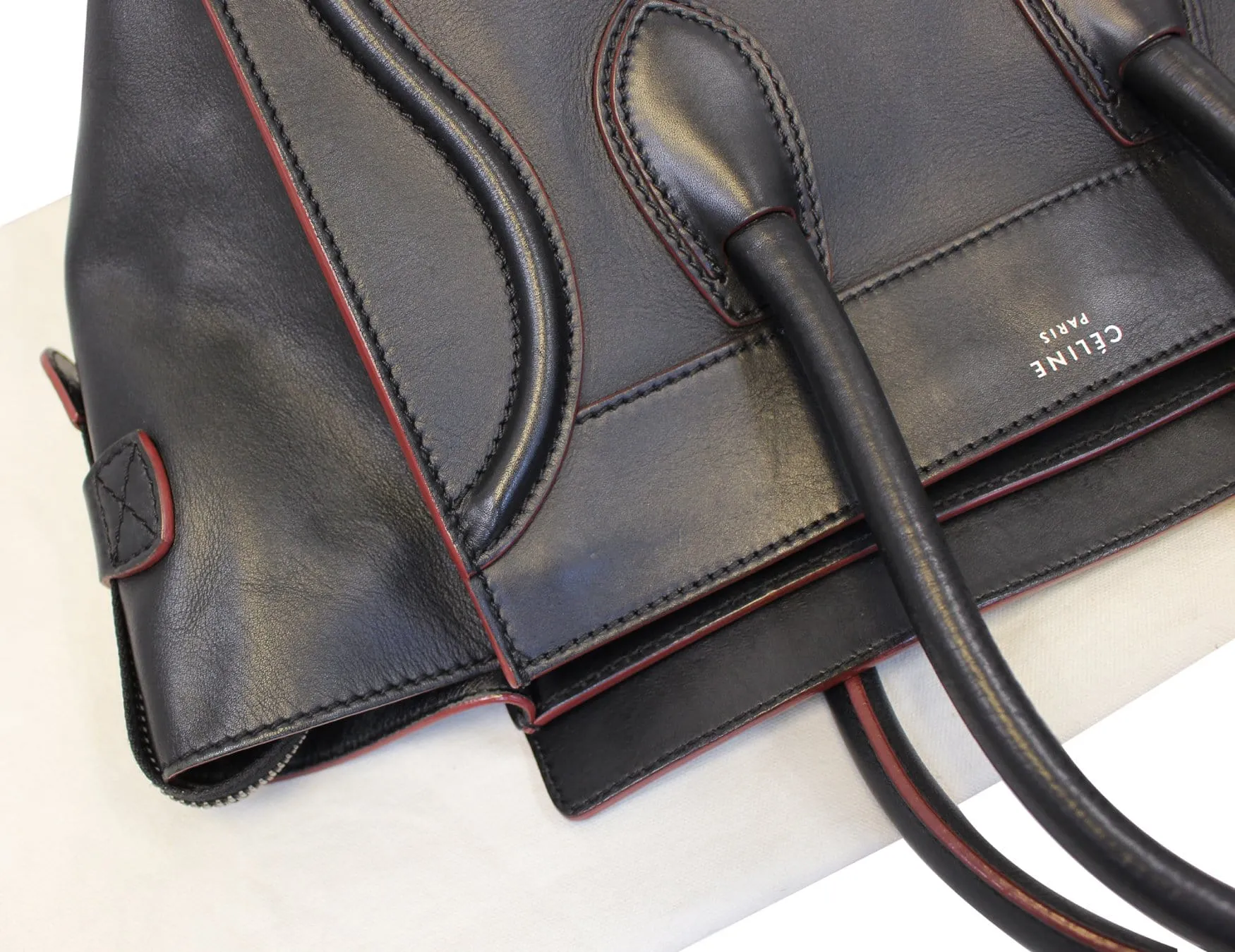 CELINE Black Red Smooth Leather Mini Luggage Tote Bag