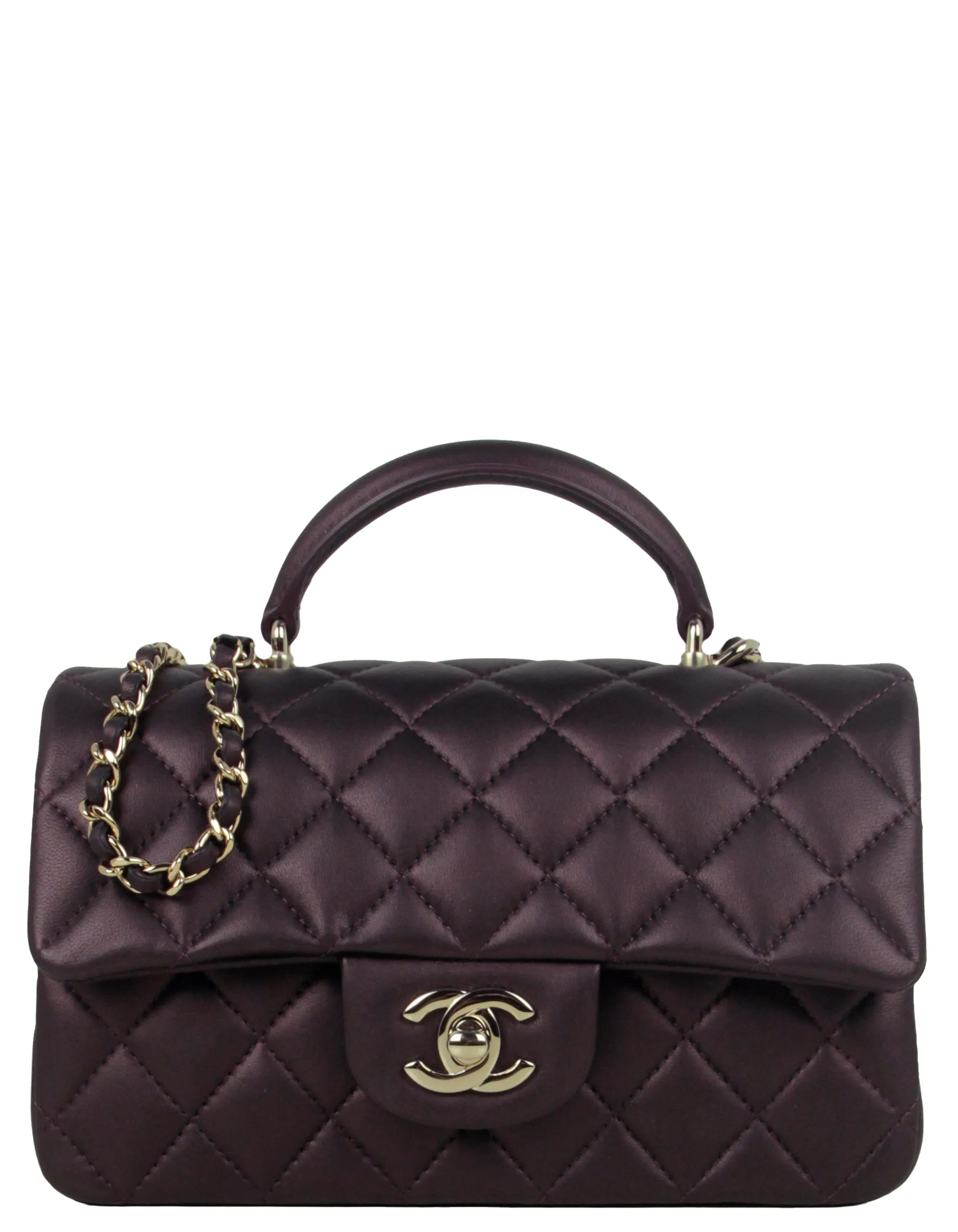 Chanel 2022 Iridescent Burgundy Lambskin Quilted Mini Top Handle Rectangular Flap Bag