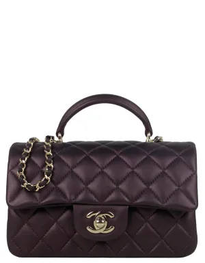 Chanel 2022 Iridescent Burgundy Lambskin Quilted Mini Top Handle Rectangular Flap Bag