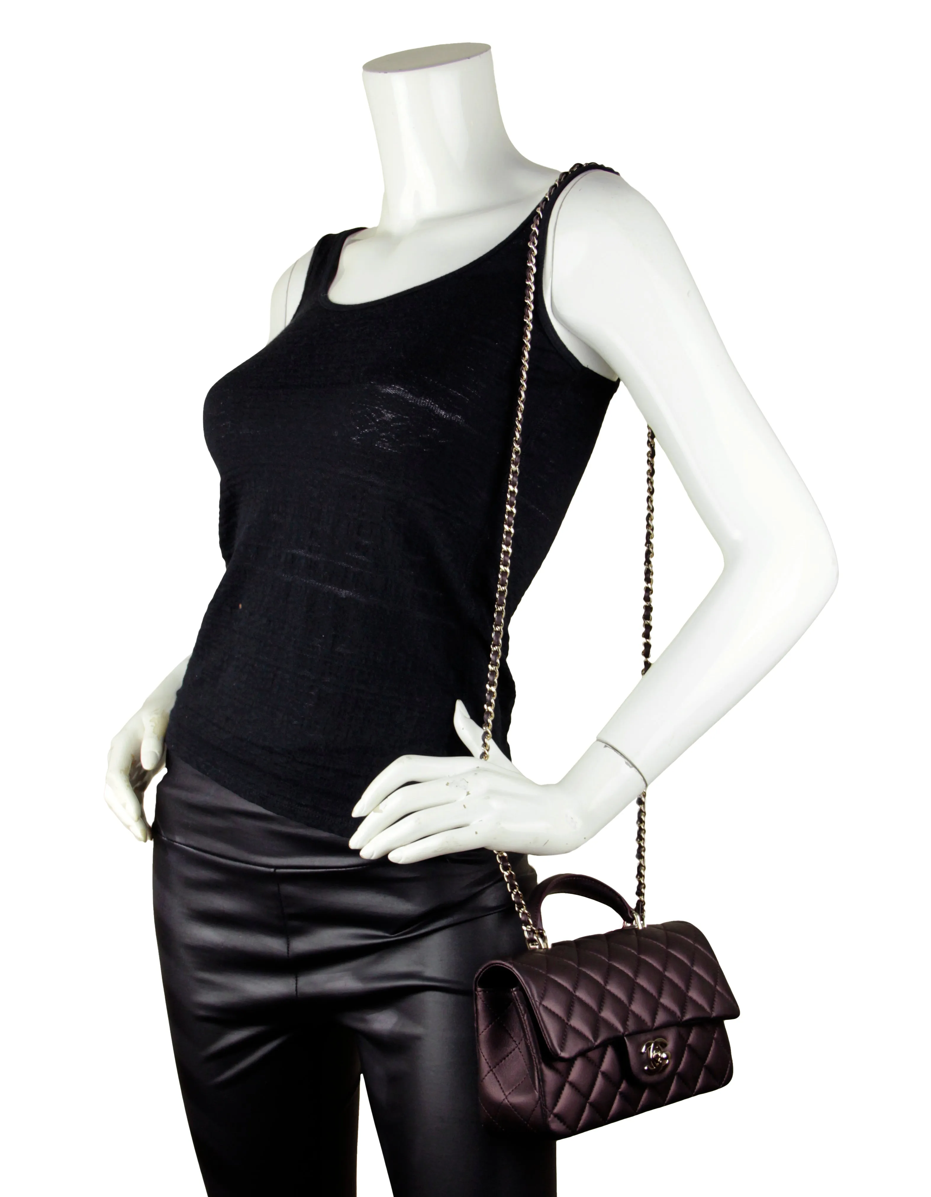 Chanel 2022 Iridescent Burgundy Lambskin Quilted Mini Top Handle Rectangular Flap Bag