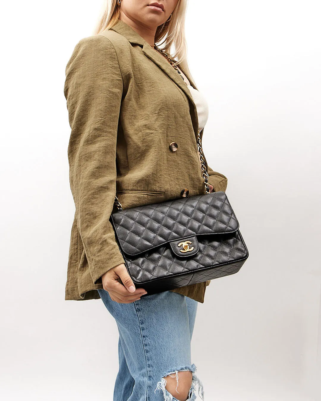 Chanel Black Caviar Quilted Jumbo Double Flap Bag GHW