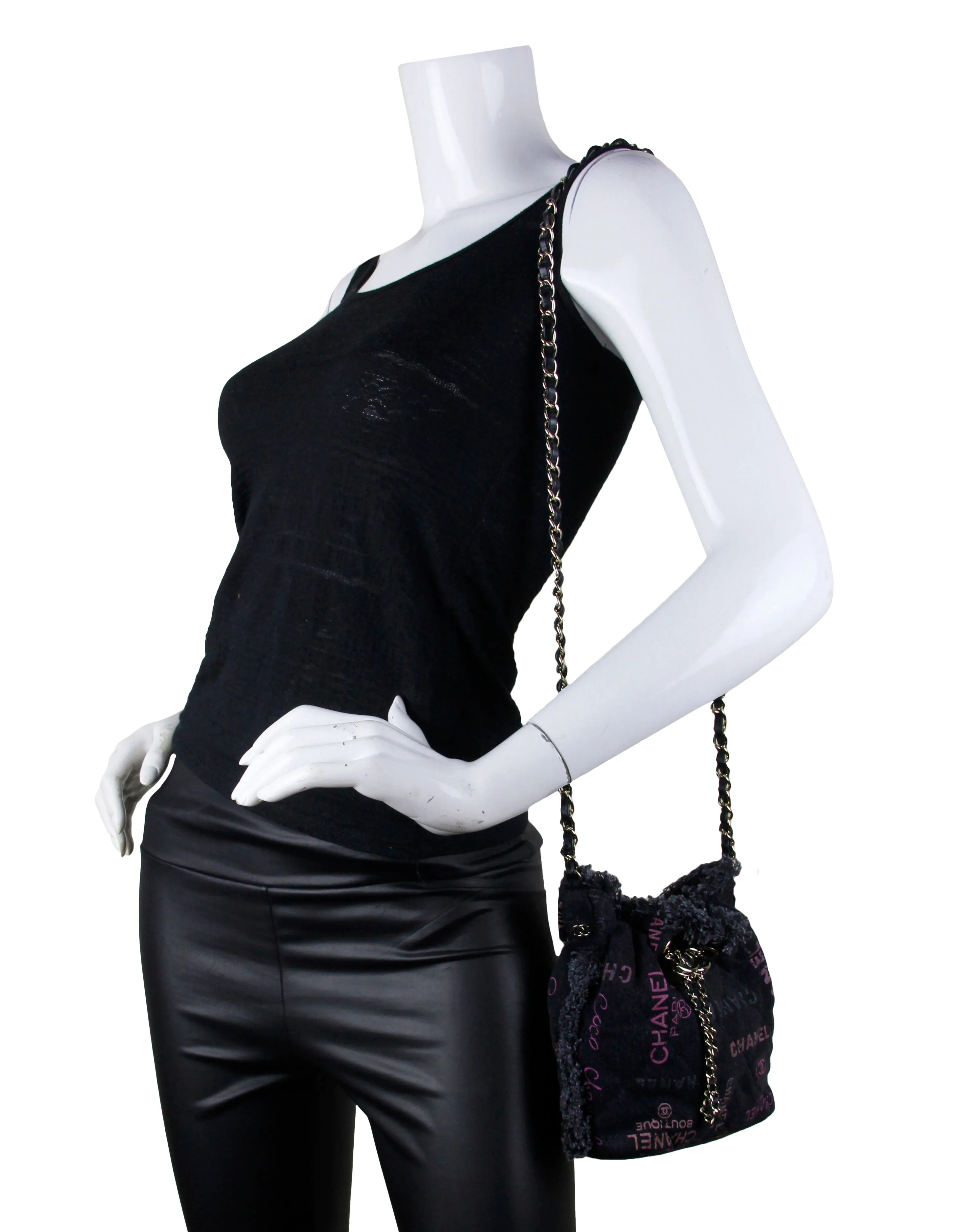 Chanel Black Denim Logo Quilted Mood Mini Bucket Crossbody Bag