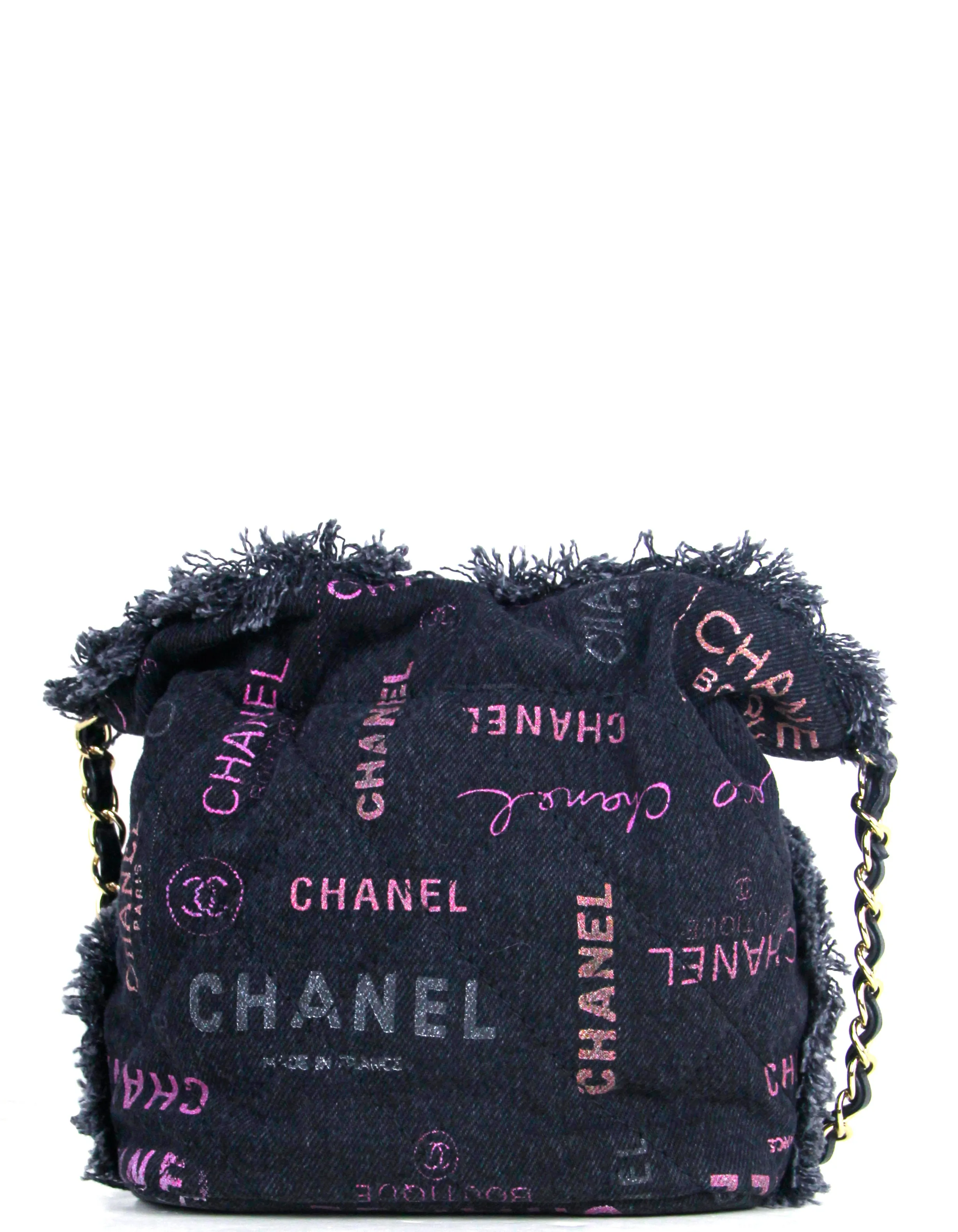 Chanel Black Denim Logo Quilted Mood Mini Bucket Crossbody Bag