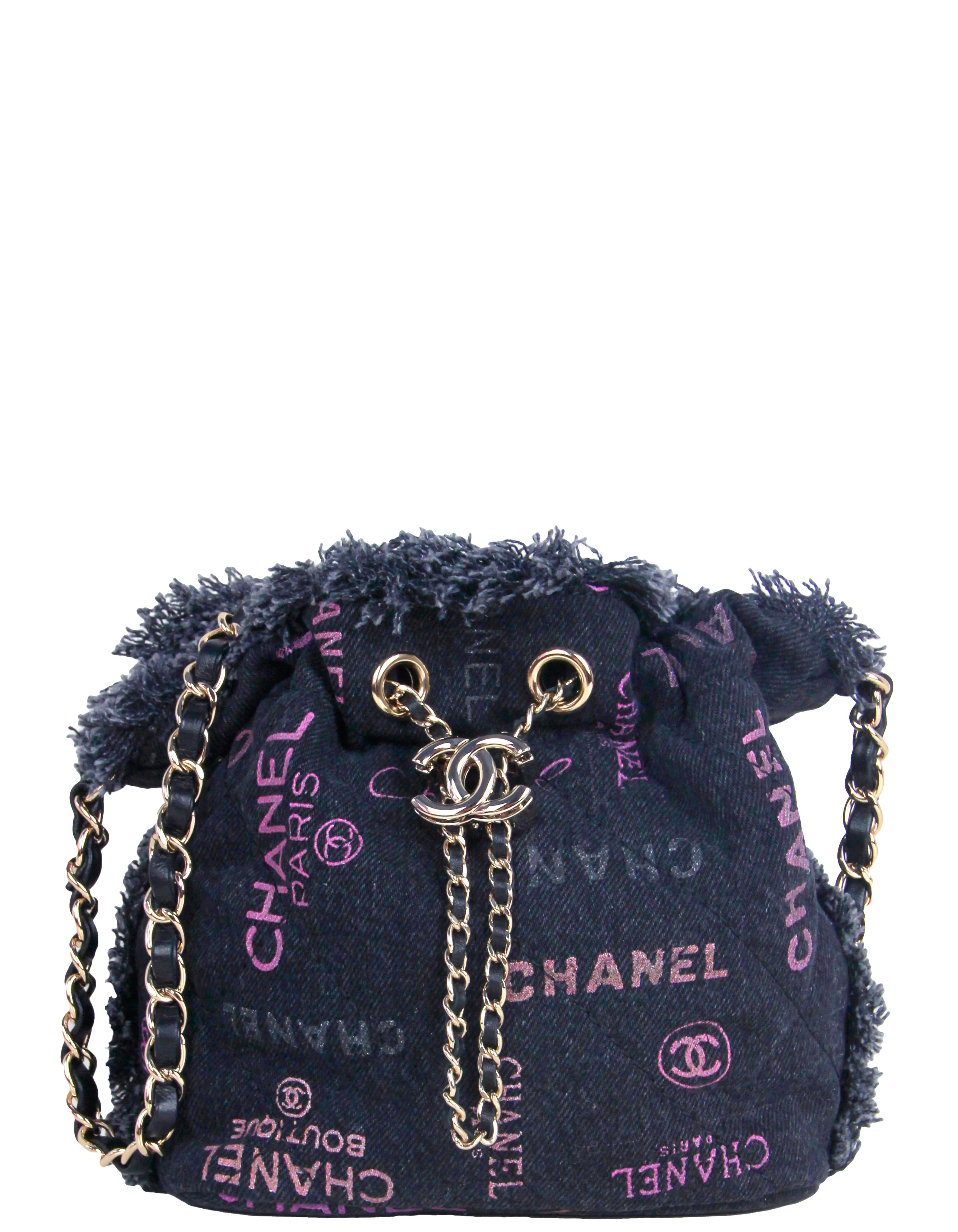 Chanel Black Denim Logo Quilted Mood Mini Bucket Crossbody Bag