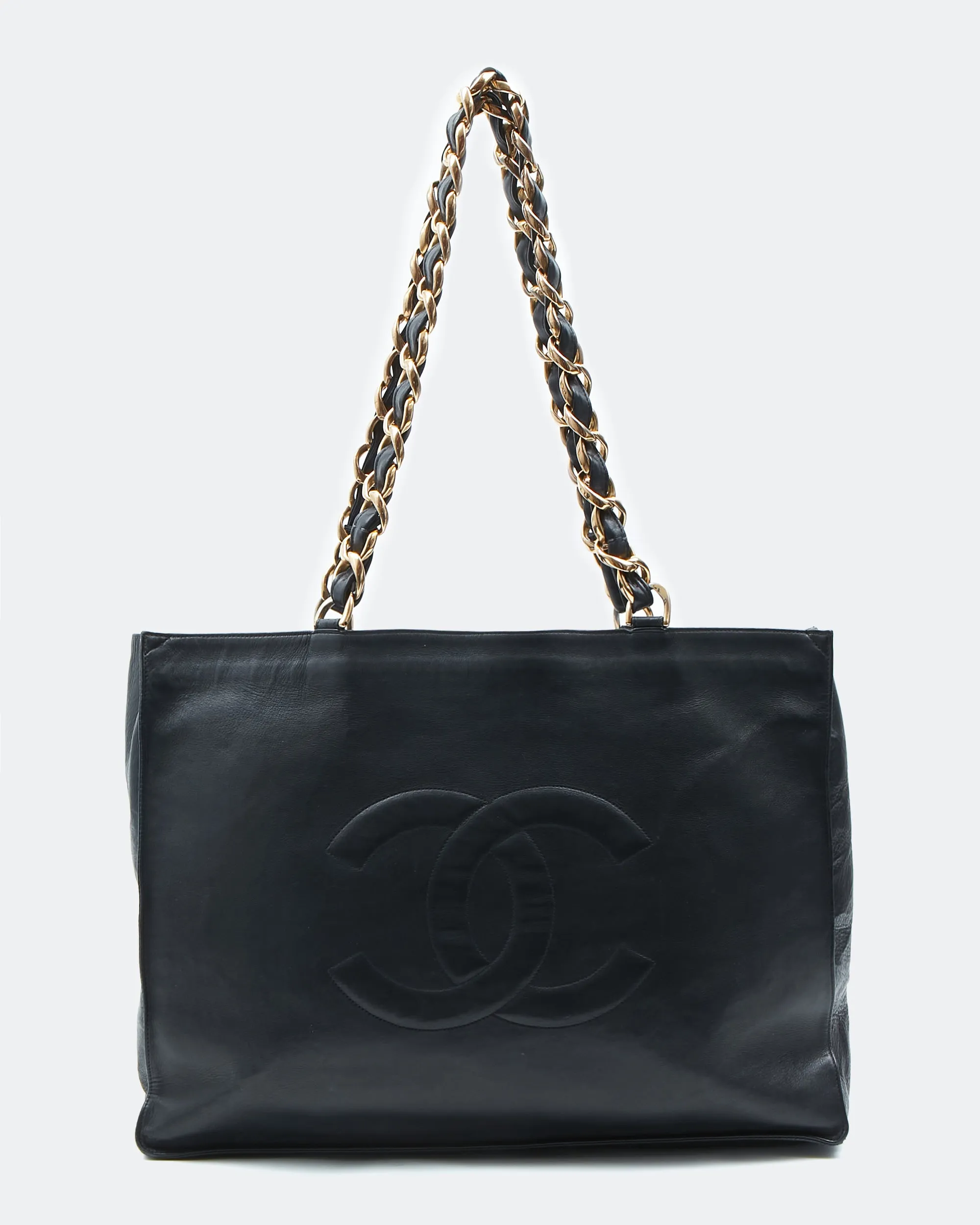 Chanel Black Lambskin Vintage 24K Gold Chain Interlocking CC Tote Bag