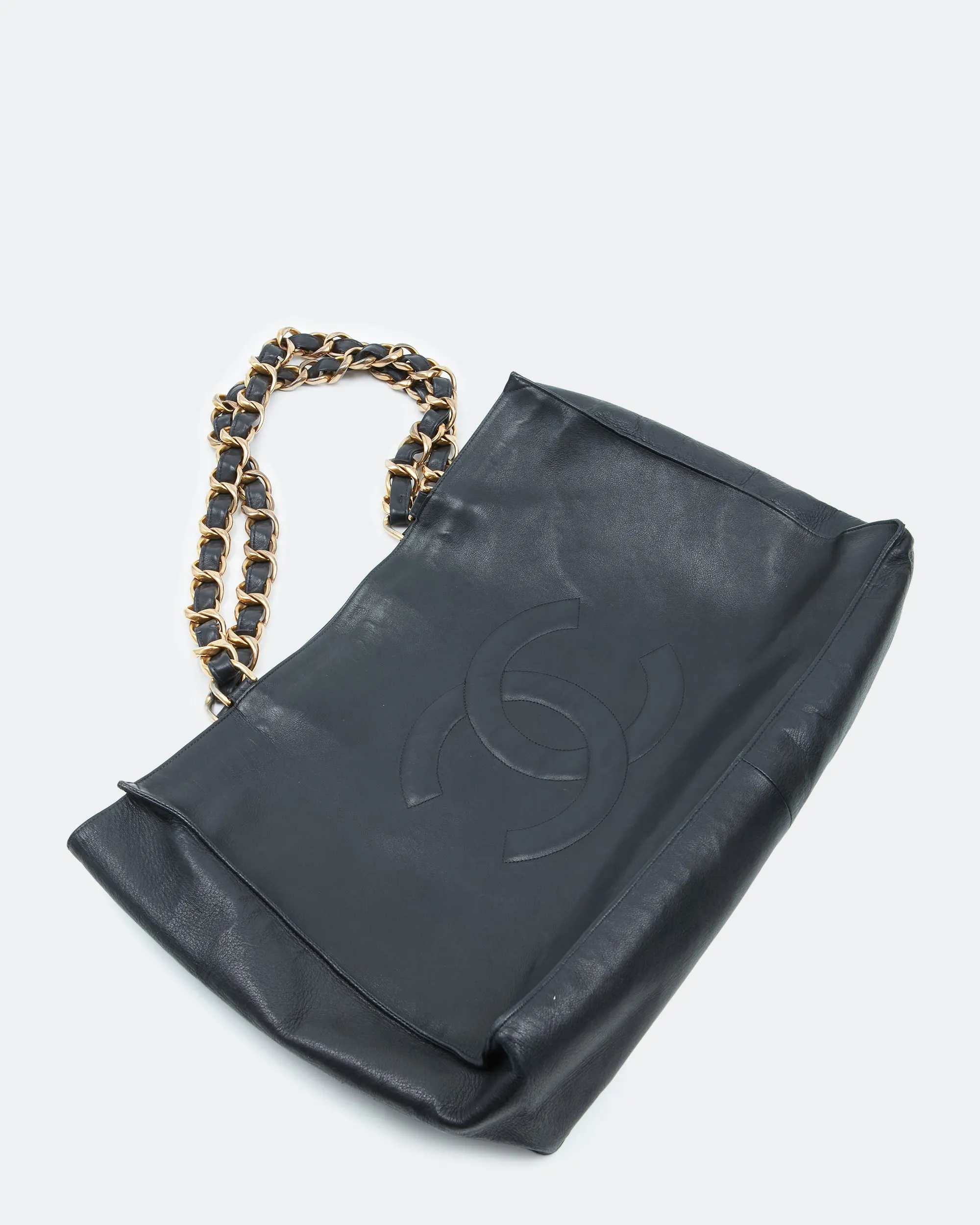 Chanel Black Lambskin Vintage 24K Gold Chain Interlocking CC Tote Bag