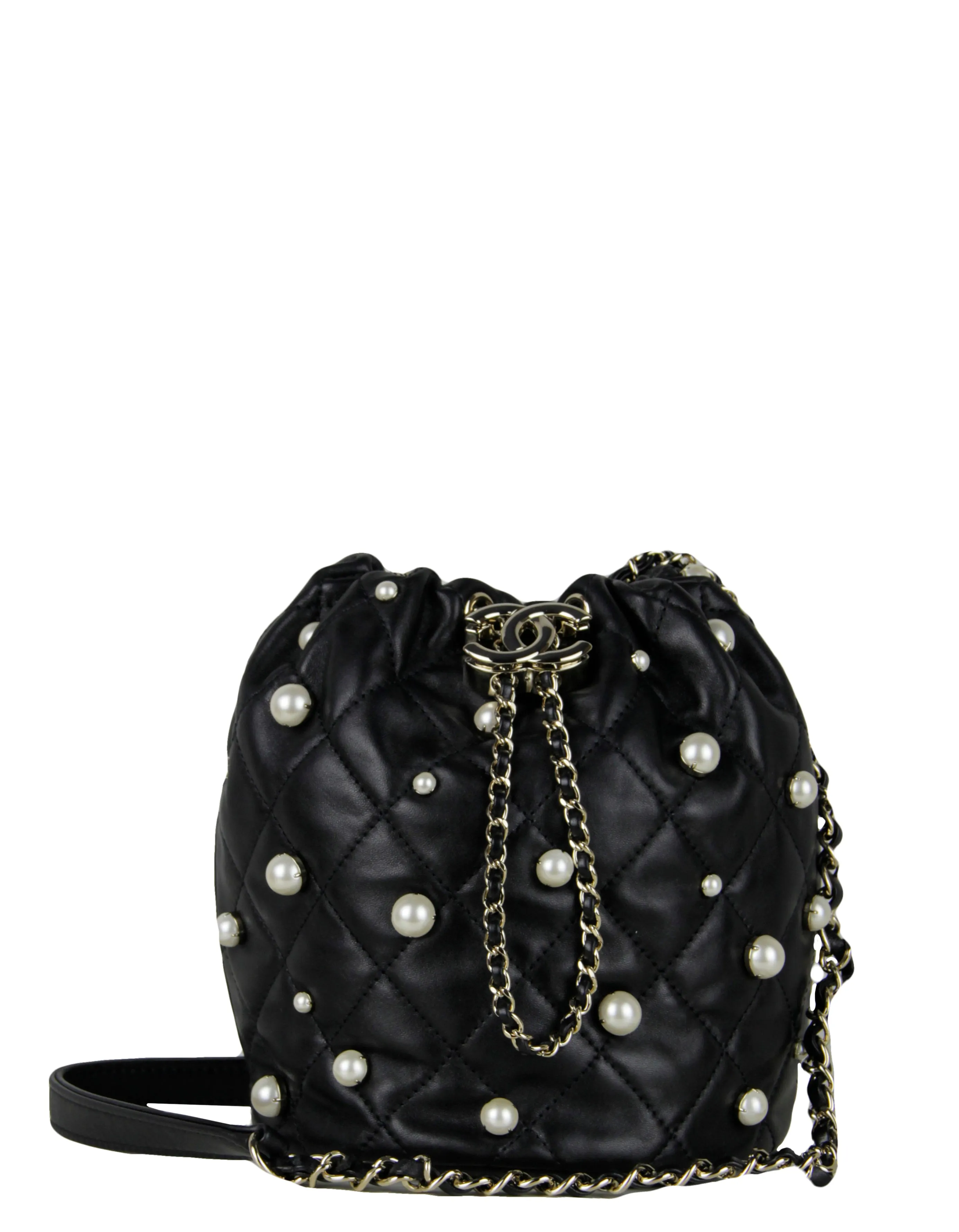 Chanel Black Leather Pearl Bucket Bag