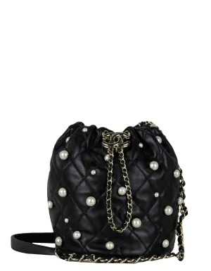 Chanel Black Leather Pearl Bucket Bag