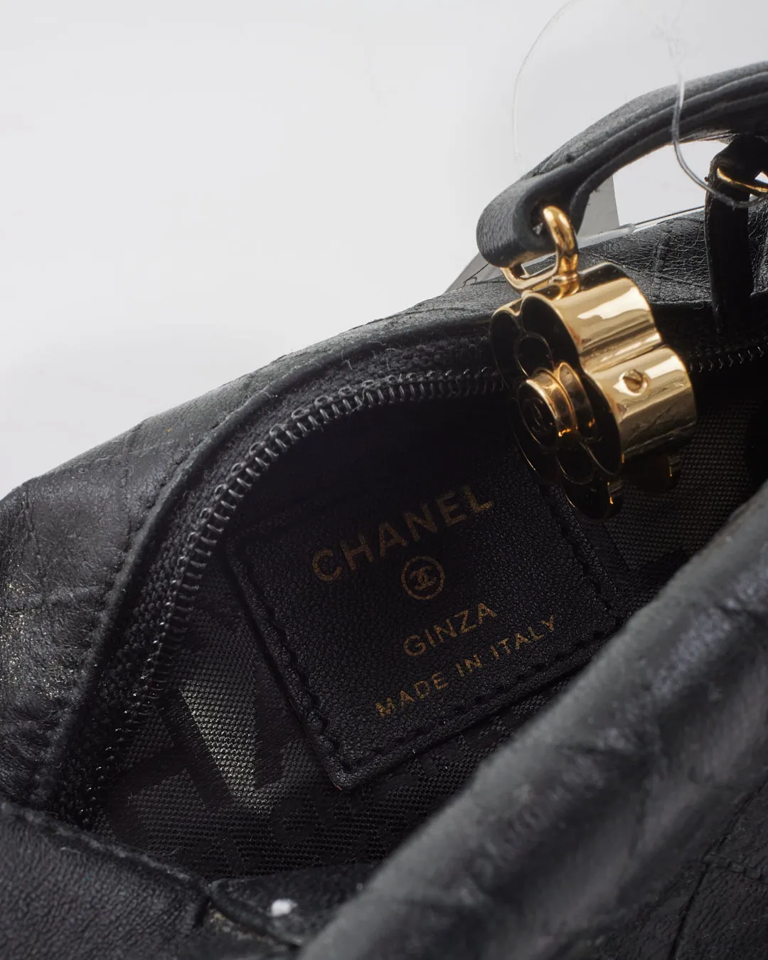 Chanel Black Quilted Leather Logo Top Handle Clutch Pochette