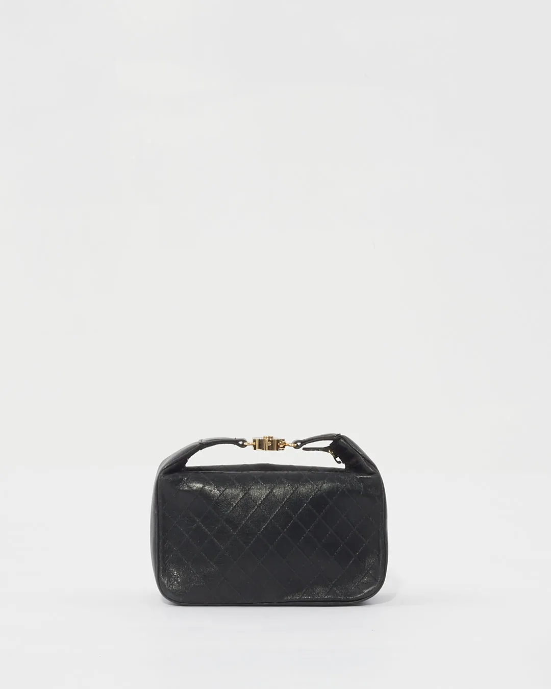 Chanel Black Quilted Leather Logo Top Handle Clutch Pochette