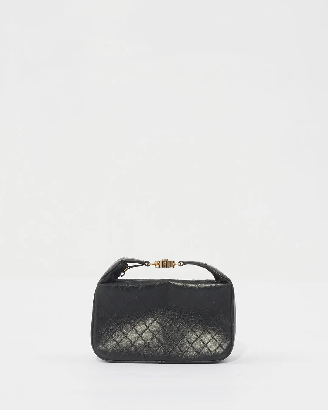 Chanel Black Quilted Leather Logo Top Handle Clutch Pochette