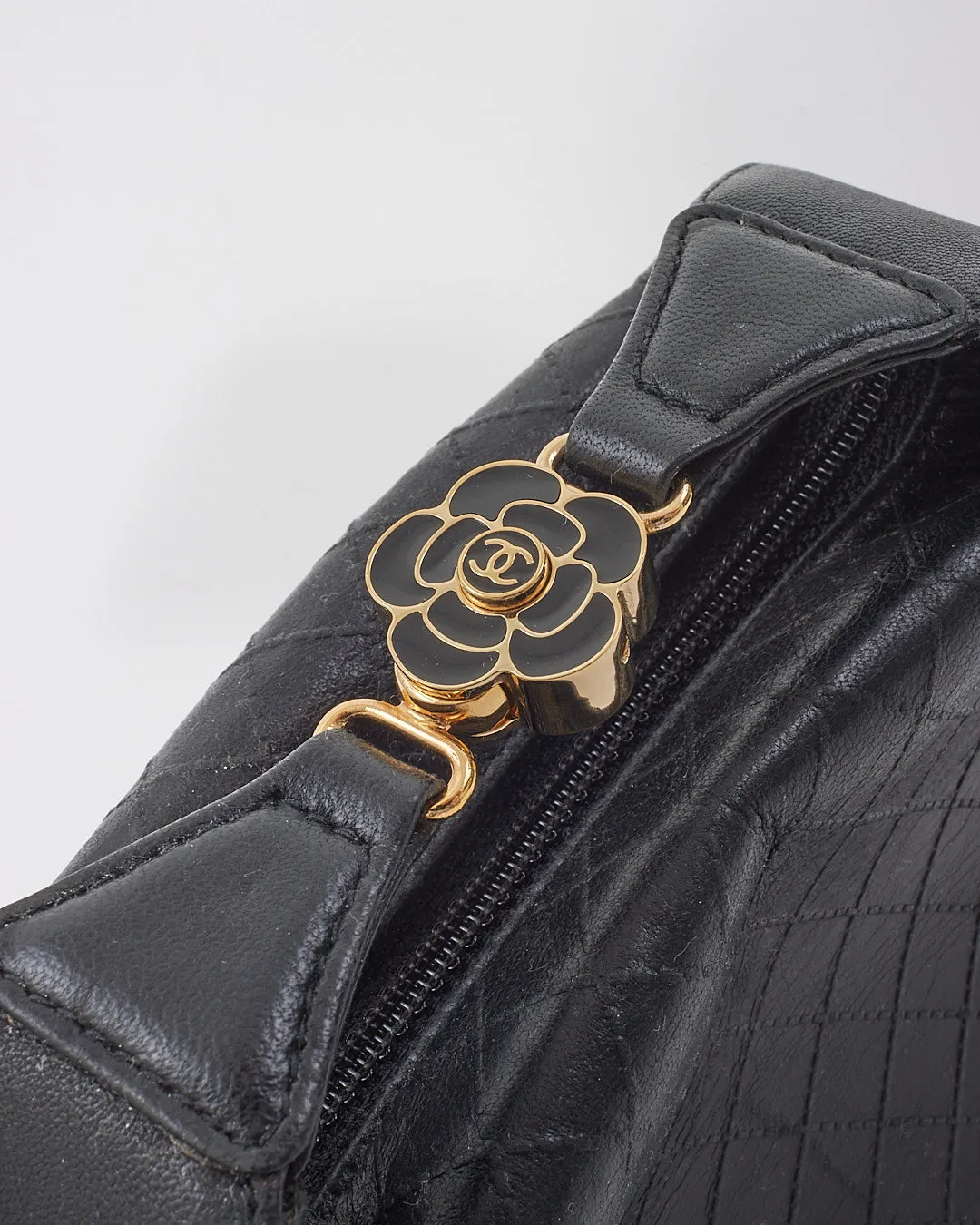 Chanel Black Quilted Leather Logo Top Handle Clutch Pochette