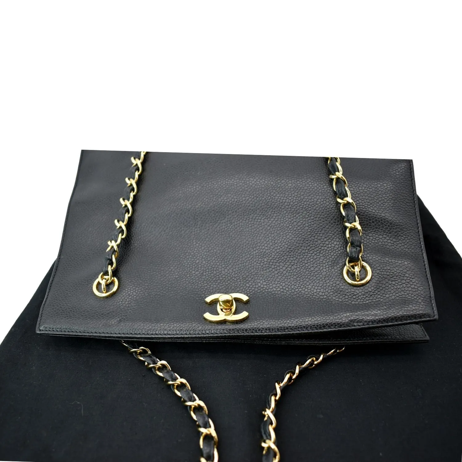 CHANEL Vintage CC Chain Caviar Leather Shopping Tote Bag Black