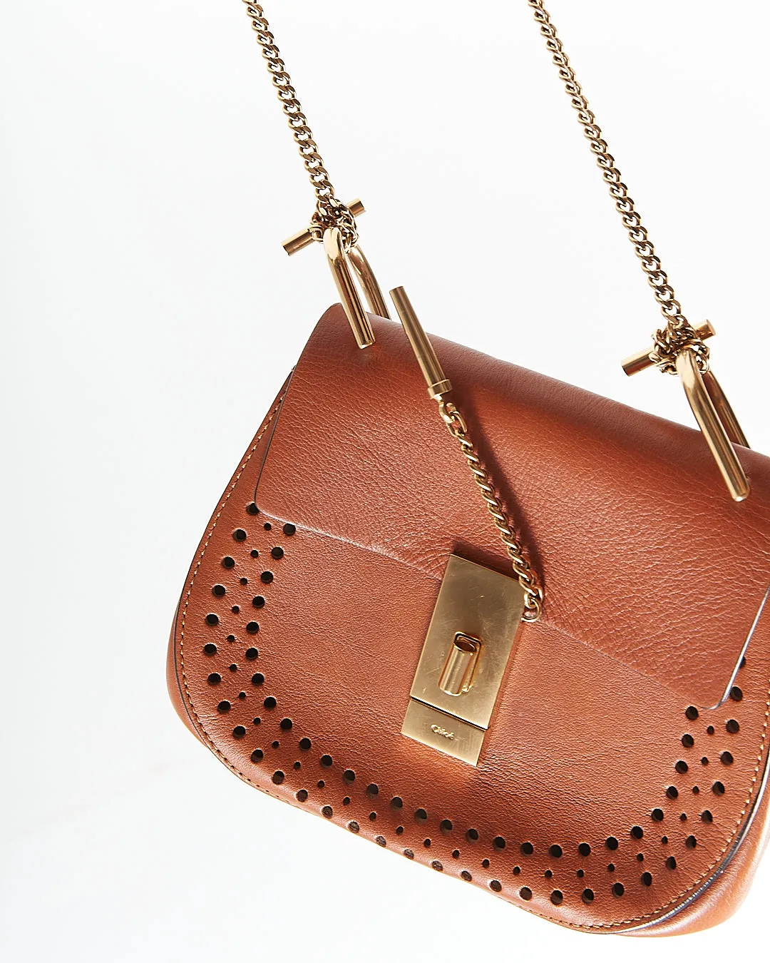 Chloe Tan Leather Laser Cut Small Drew Crossbody Bag