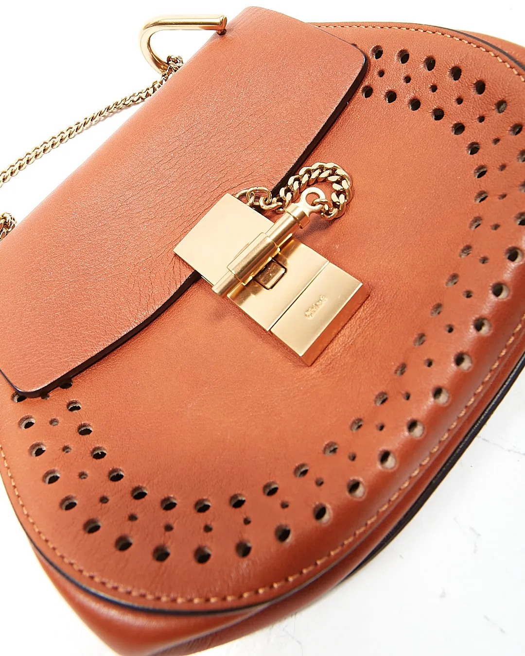 Chloe Tan Leather Laser Cut Small Drew Crossbody Bag