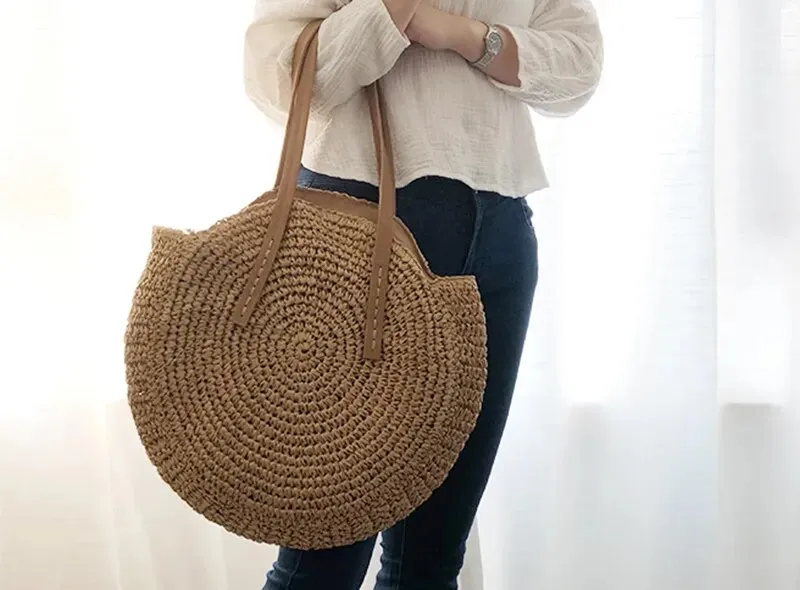 Christianartbag Handmade Bag, Summer & Autumn Round Straw Beach Bag Vintage Handmade Woven Shoulder Bag Raffia circle Rattan bags Bohemian Summer Vacation Casual Bags, CABHMB07141023.