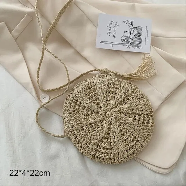Christianartbag Handmade Bag, Summer & Autumn Round Straw Beach Bag Vintage Handmade Woven Shoulder Bag Raffia circle Rattan bags Bohemian Summer Vacation Casual Bags, CABHMB07141023.
