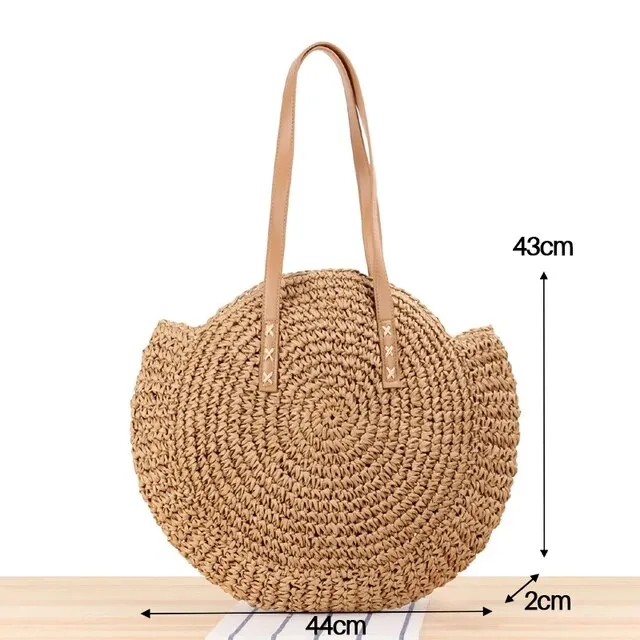 Christianartbag Handmade Bag, Summer & Autumn Round Straw Beach Bag Vintage Handmade Woven Shoulder Bag Raffia circle Rattan bags Bohemian Summer Vacation Casual Bags, CABHMB07141023.