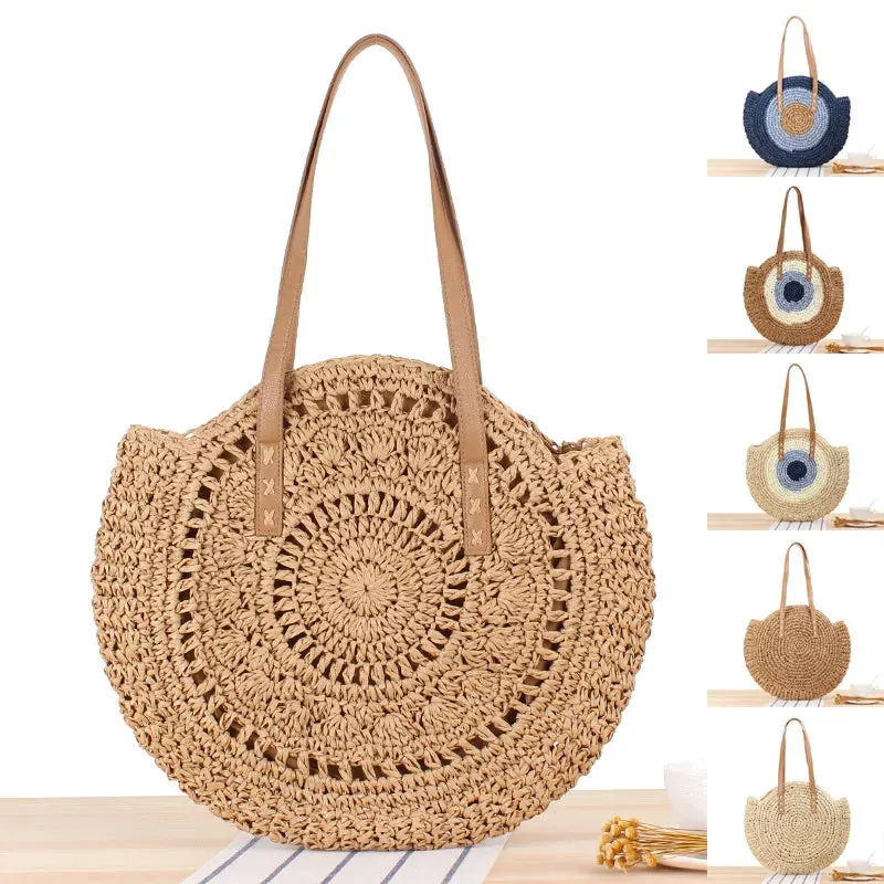 Christianartbag Handmade Bag, Summer & Autumn Round Straw Beach Bag Vintage Handmade Woven Shoulder Bag Raffia circle Rattan bags Bohemian Summer Vacation Casual Bags, CABHMB07141023.