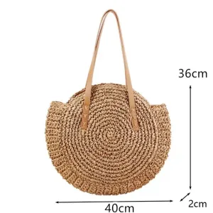 Christianartbag Handmade Bag, Summer & Autumn Round Straw Beach Bag Vintage Handmade Woven Shoulder Bag Raffia circle Rattan bags Bohemian Summer Vacation Casual Bags, CABHMB07141023.