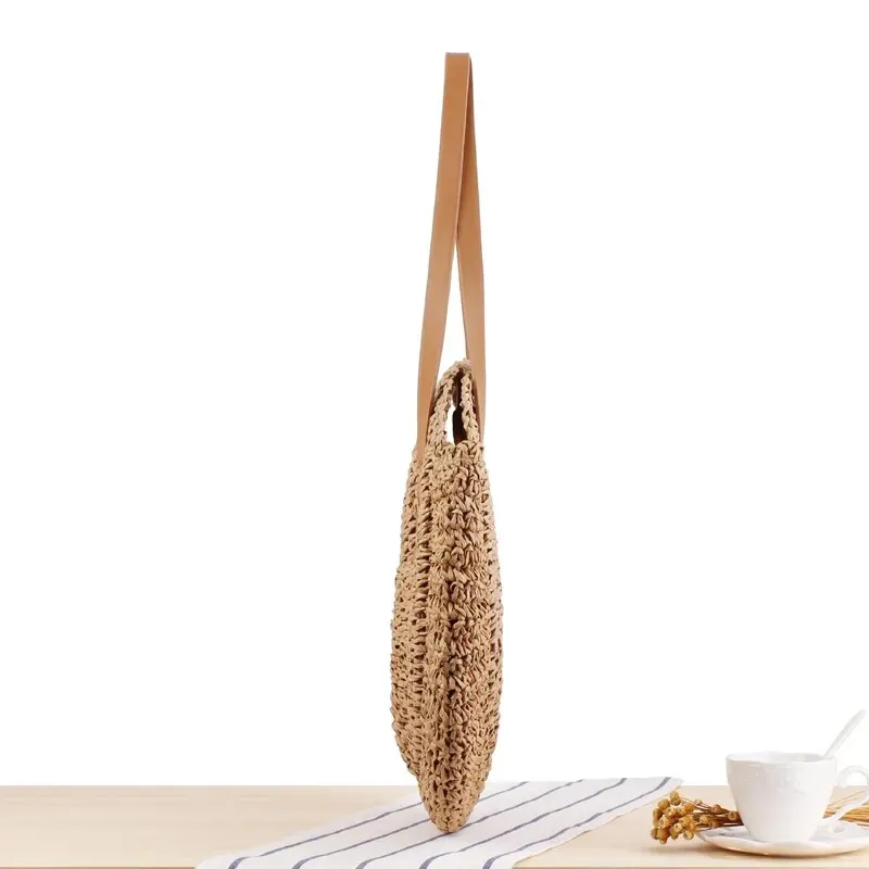 Christianartbag Handmade Bag, Summer & Autumn Round Straw Beach Bag Vintage Handmade Woven Shoulder Bag Raffia circle Rattan bags Bohemian Summer Vacation Casual Bags, CABHMB07141023.