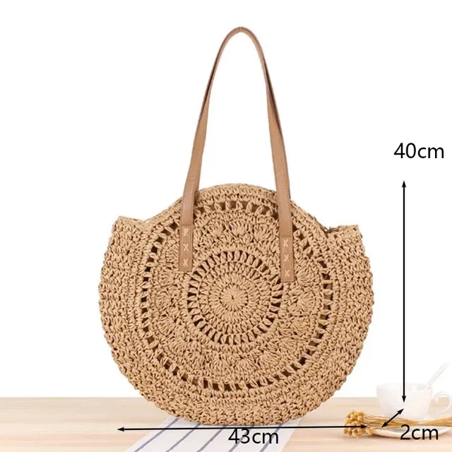 Christianartbag Handmade Bag, Summer & Autumn Round Straw Beach Bag Vintage Handmade Woven Shoulder Bag Raffia circle Rattan bags Bohemian Summer Vacation Casual Bags, CABHMB07141023.