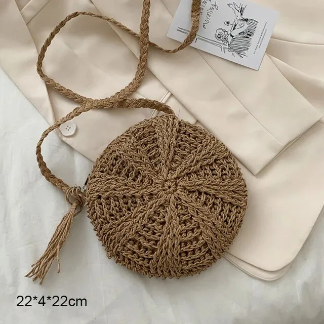 Christianartbag Handmade Bag, Summer & Autumn Round Straw Beach Bag Vintage Handmade Woven Shoulder Bag Raffia circle Rattan bags Bohemian Summer Vacation Casual Bags, CABHMB07141023.