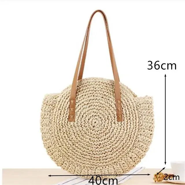 Christianartbag Handmade Bag, Summer & Autumn Round Straw Beach Bag Vintage Handmade Woven Shoulder Bag Raffia circle Rattan bags Bohemian Summer Vacation Casual Bags, CABHMB07141023.
