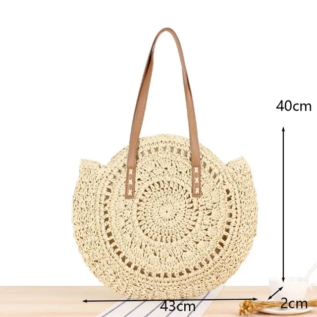 Christianartbag Handmade Bag, Summer & Autumn Round Straw Beach Bag Vintage Handmade Woven Shoulder Bag Raffia circle Rattan bags Bohemian Summer Vacation Casual Bags, CABHMB07141023.