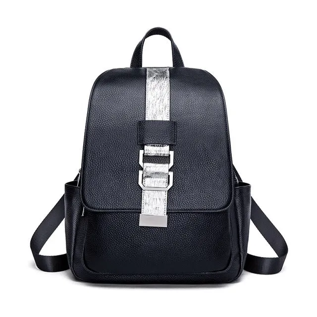 Cow Leather Backpacks Women Casual Belt Hardware Designed Black Genuine Leather Backpacks for Girls Fashion Female#HS206