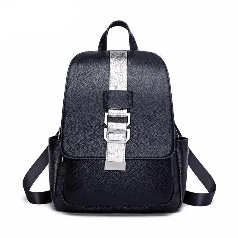 Cow Leather Backpacks Women Casual Belt Hardware Designed Black Genuine Leather Backpacks for Girls Fashion Female#HS206