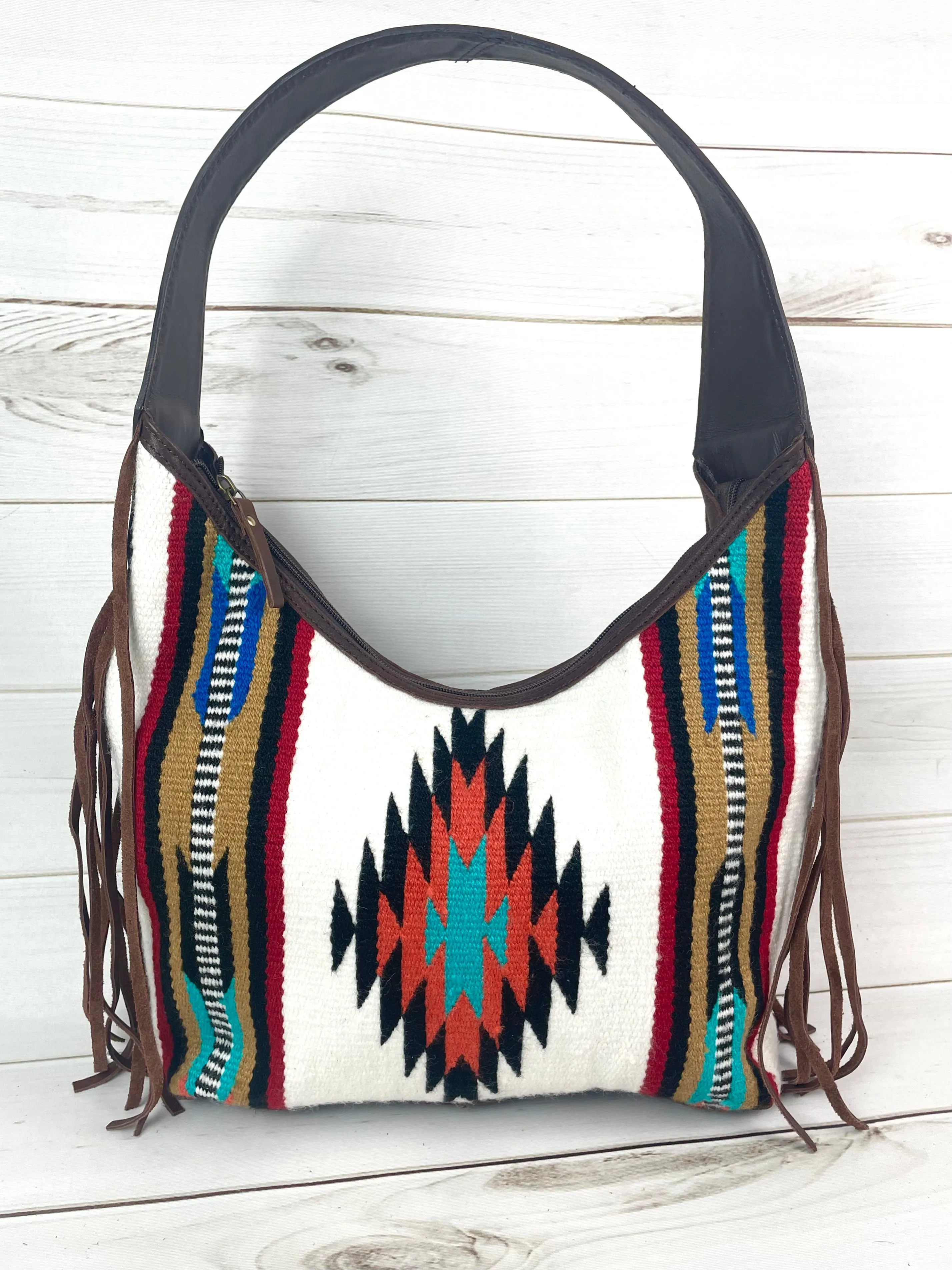 Cream, Tan Mutli Colored Wool Pattern Hobo Leather Fringe Handbag
