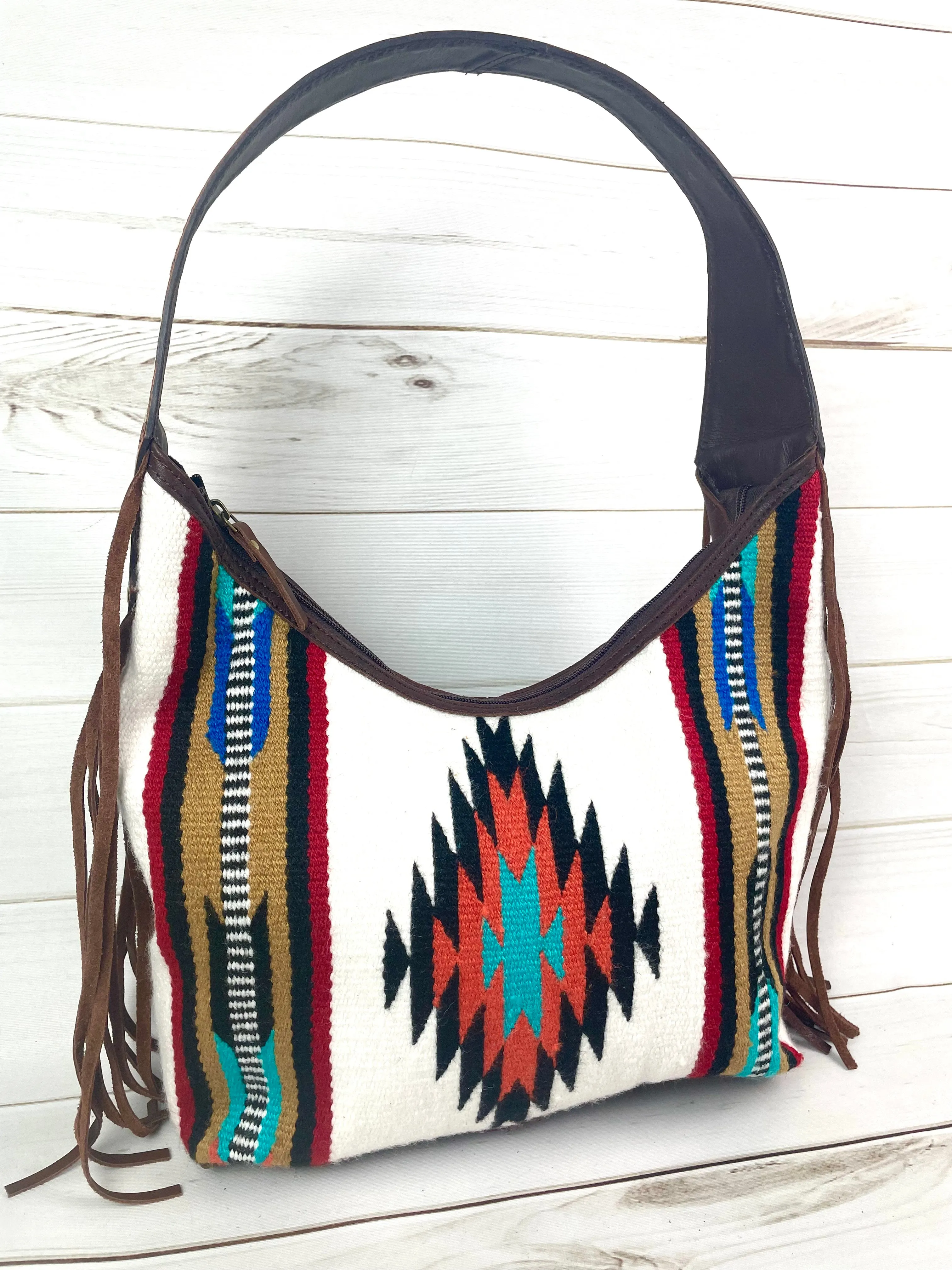 Cream, Tan Mutli Colored Wool Pattern Hobo Leather Fringe Handbag