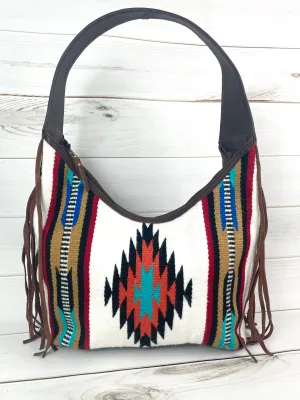 Cream, Tan Mutli Colored Wool Pattern Hobo Leather Fringe Handbag