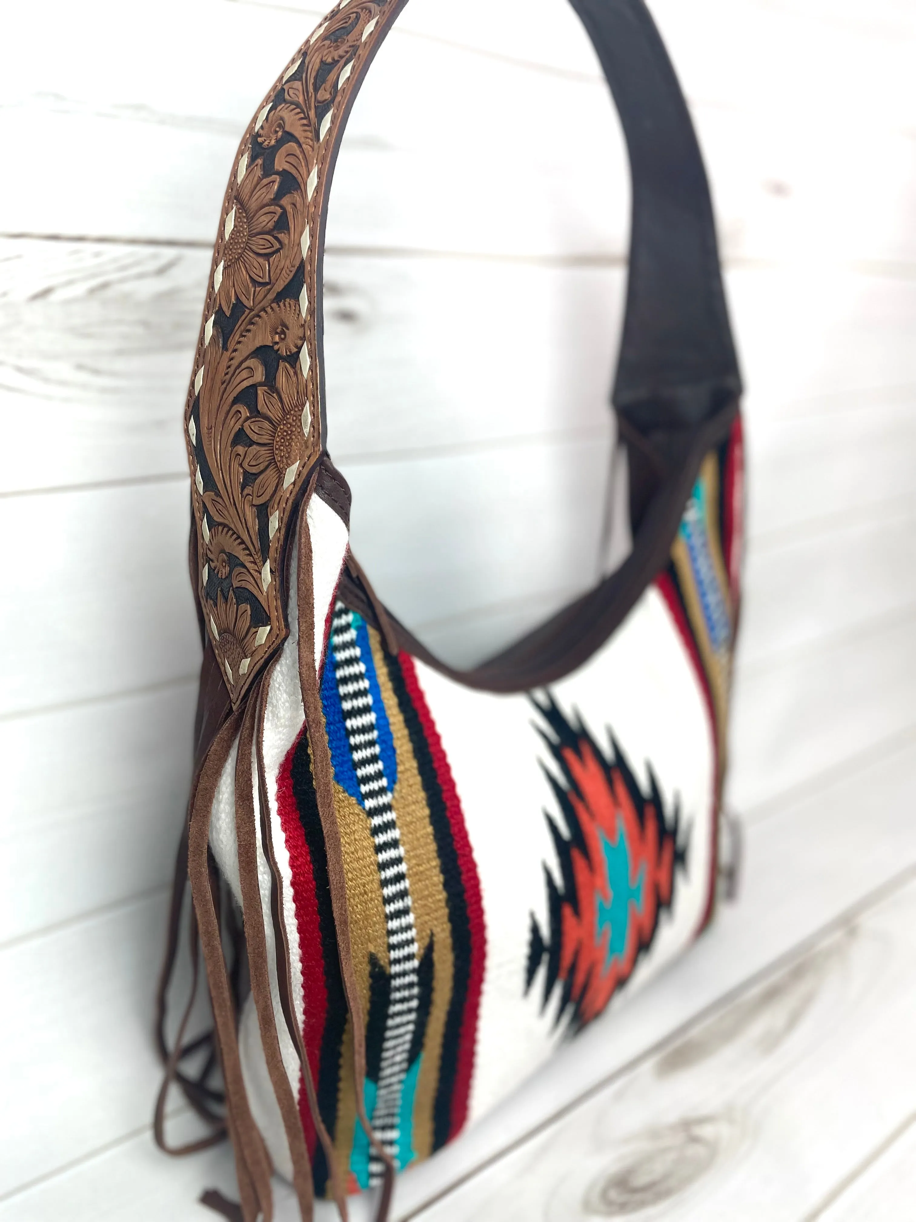 Cream, Tan Mutli Colored Wool Pattern Hobo Leather Fringe Handbag