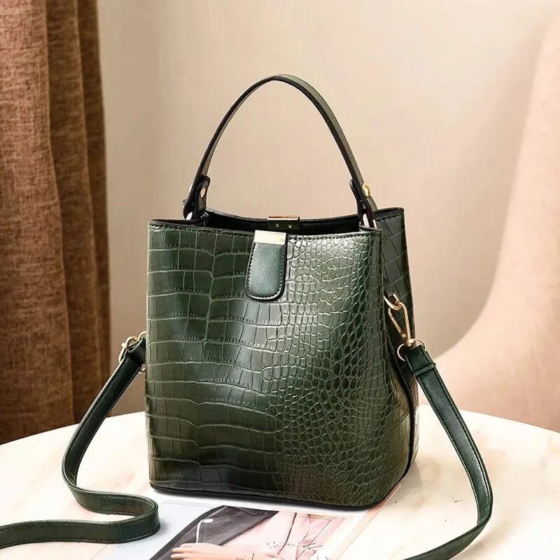 Crocodile Print Leather Bucket Handbag