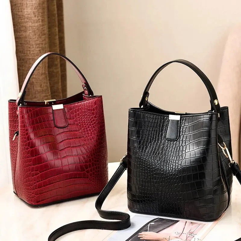 Crocodile Print Leather Bucket Handbag
