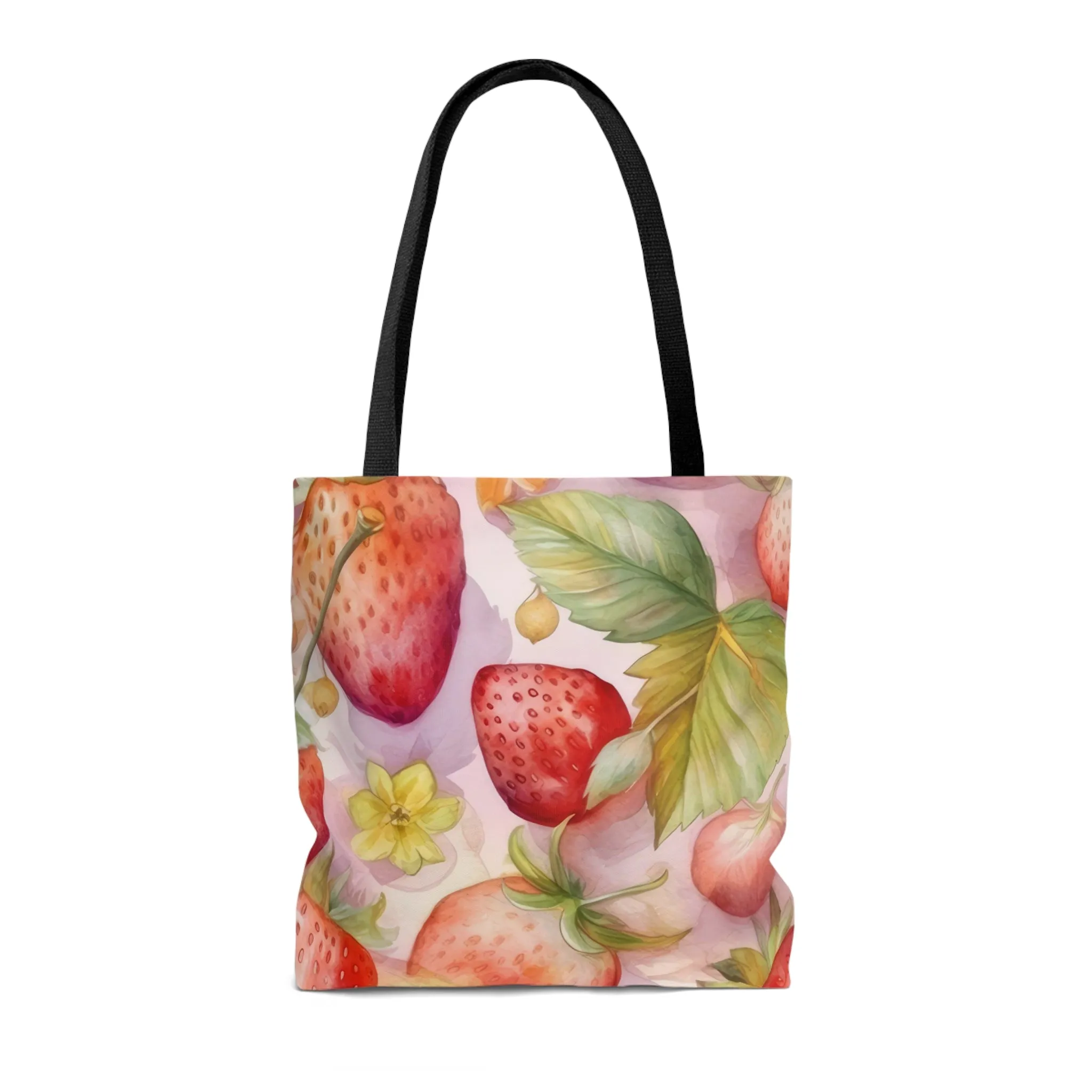 Cute Pink Strawberries Tote Bag, Polyester Canvas Tote Bag