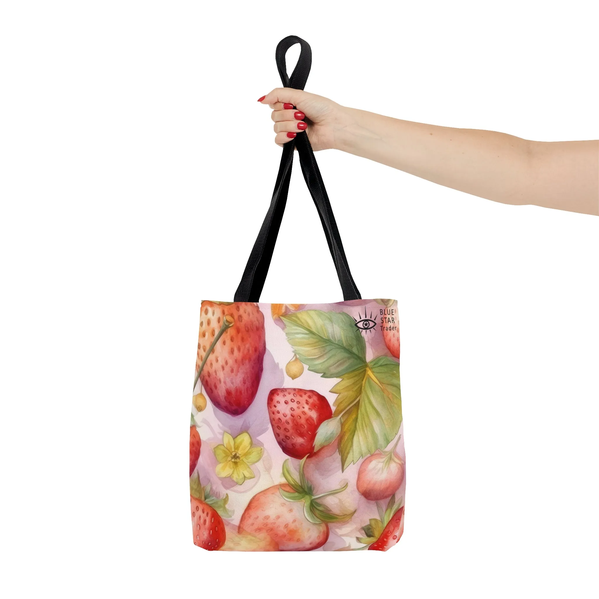 Cute Pink Strawberries Tote Bag, Polyester Canvas Tote Bag