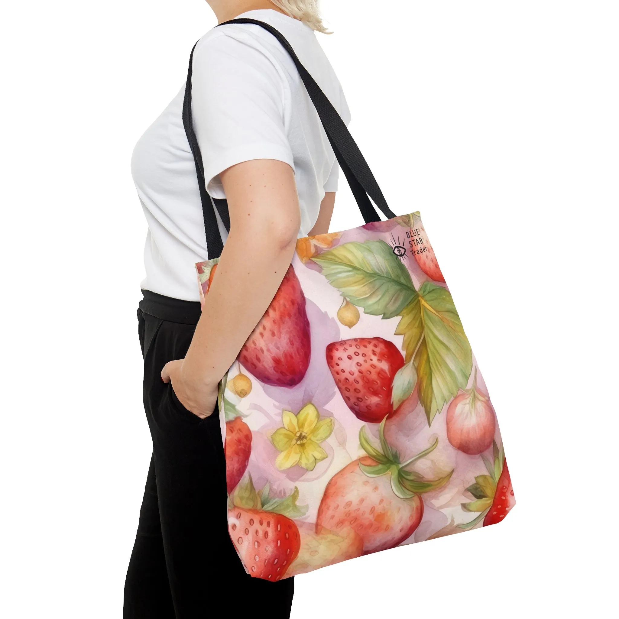 Cute Pink Strawberries Tote Bag, Polyester Canvas Tote Bag