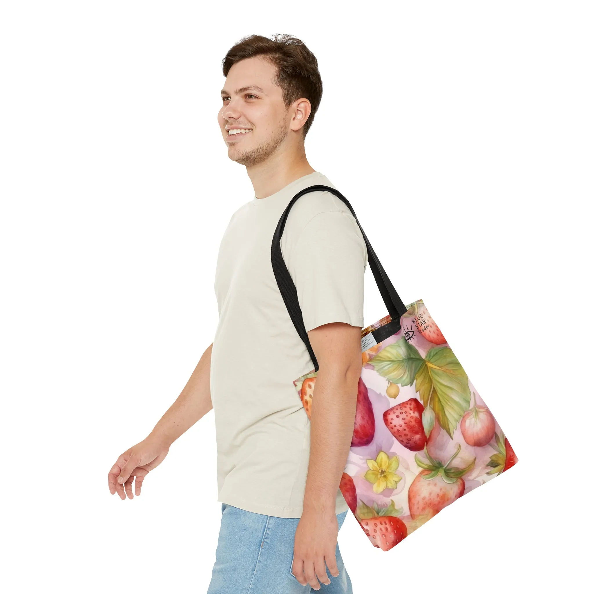 Cute Pink Strawberries Tote Bag, Polyester Canvas Tote Bag