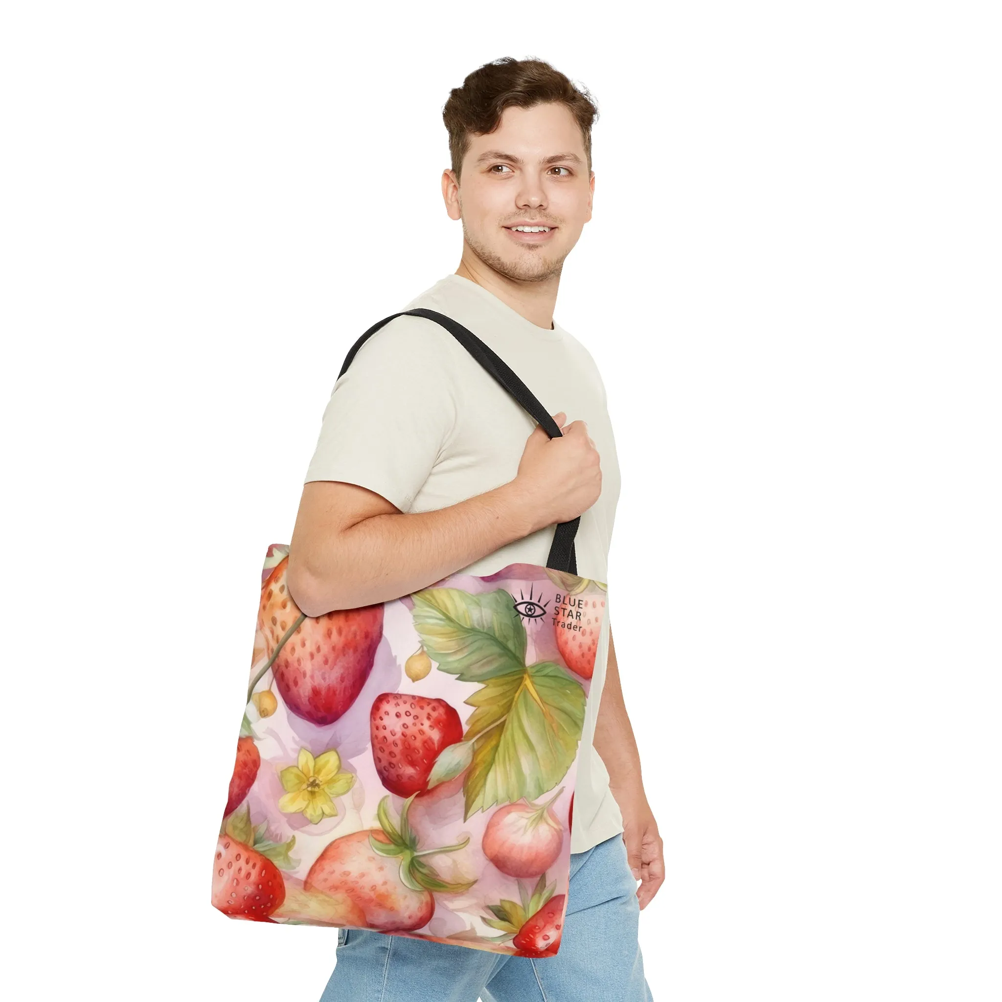 Cute Pink Strawberries Tote Bag, Polyester Canvas Tote Bag