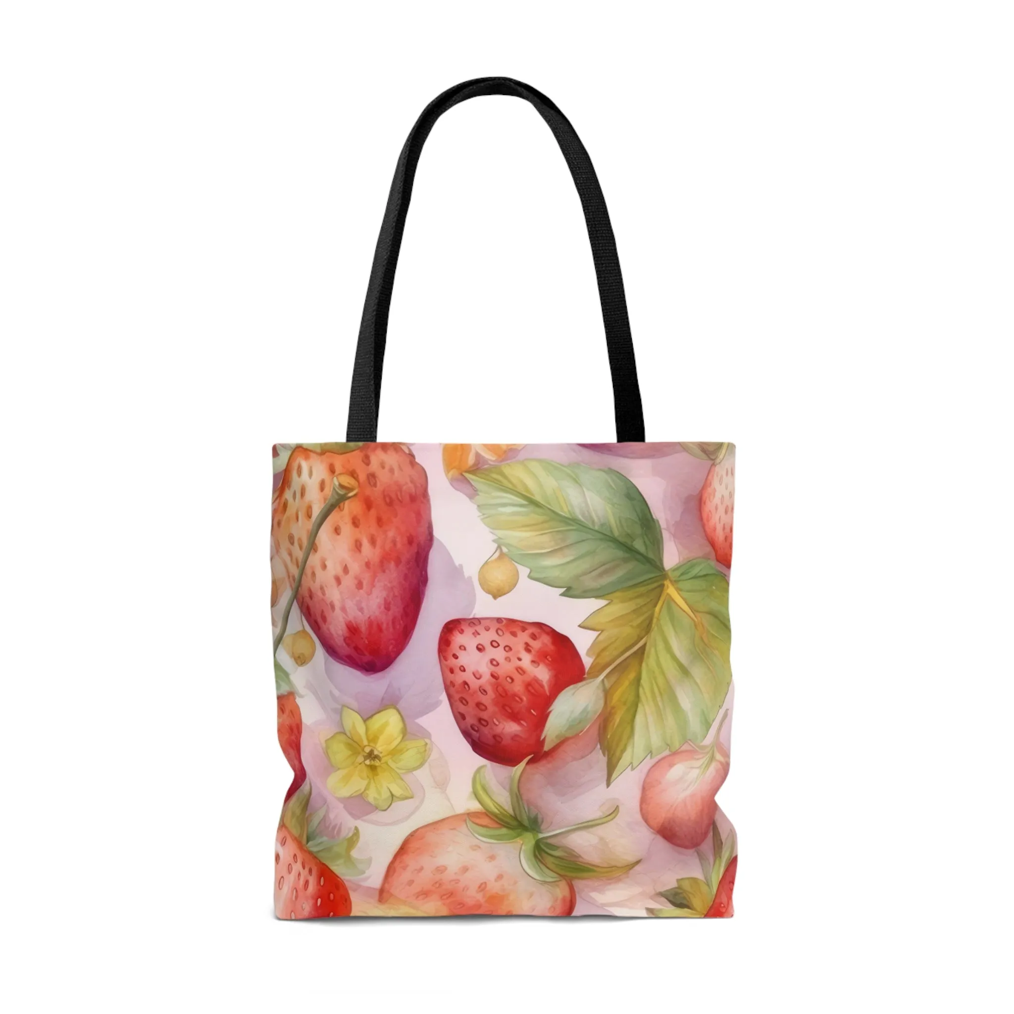 Cute Pink Strawberries Tote Bag, Polyester Canvas Tote Bag